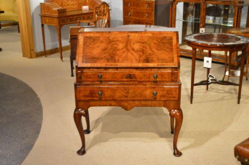 fig 1. A Figured Walnut George I Style Antique Bureau On Stand