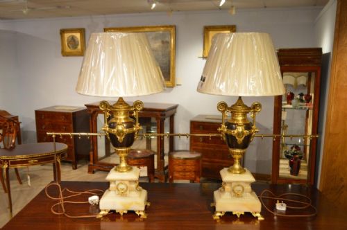 A Beautiful Pair of French 1920s Onyx, Bronze & Ormolu Lamps