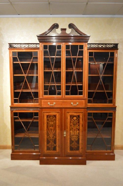A Good Mahogany, Satinwood & Marquetry Inlaid Late 19th Century Breakfront Bookcase