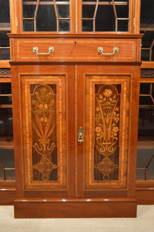 fig 1. A Good Mahogany, Satinwood & Marquetry Inlaid Late 19th Century Breakfront Bookcase