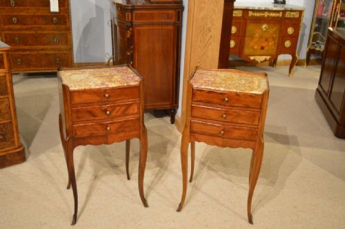 A Good Pair of Mahogany Marble Top French Bedside Tables