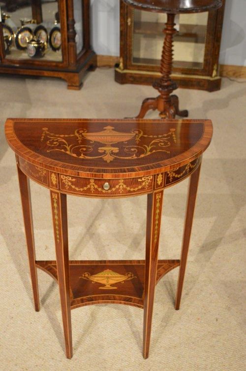 A Beautiful Mahogany Inlaid Edwardian Period Demi Lune Table by Edwards & Roberts of London