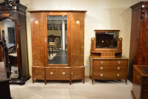 Arts & Crafts Period Inlaid Antique Wardrobe & Dressing Table