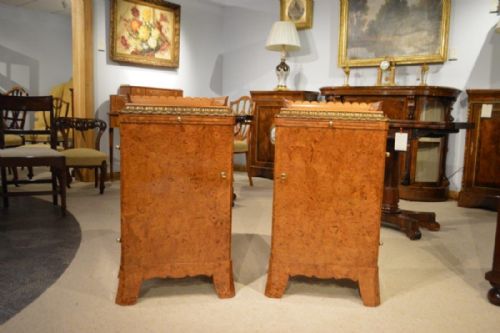 A Good Pair of Burr Elm & Gilt-wood Continental Antique Bedside Cabinets