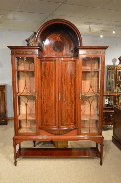 A Superb Quality Mahogany Inlaid Edwardian Period China Cabinet by Shapland & Petter of Barnstaple.