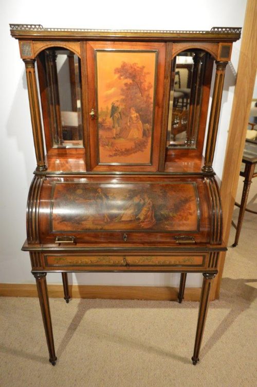 A Late 19th Century French Mahogany and Brass Inlaid Vernis Martin Bureau Cabinet.