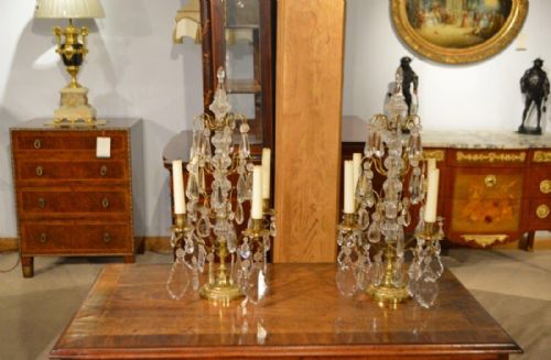 A Pair of Cut Glass & Brass Victorian Period Candelabra.