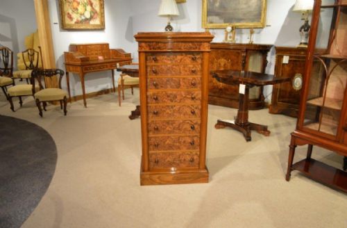 A  Burr Walnut Victorian Period Antique Wellington Chest Made by A.j. Gilham