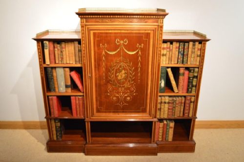 A Beautiful Edwards & Roberts Late Victorian Period Mahogany & Marquetry Inlaid Open Bookcase