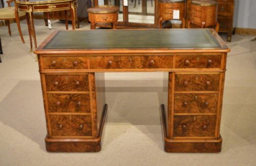 A Burr Walnut Victorian Period Antique Pedestal Desk
