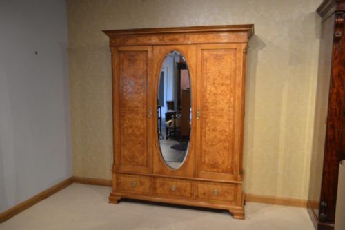 A Fine Quality Satinwood and Burr Ash Inlaid Edwardian Period Wardrobe by Shapland & Petter of Barnstaple.