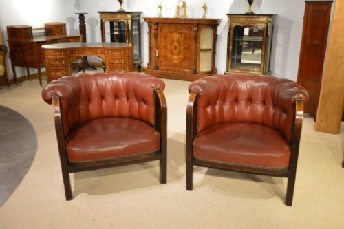 A Good & Large Pair of Oak and Leather Art Deco Period Gentleman's Club Armchairs.