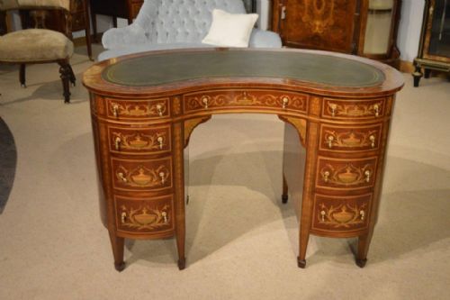 A Fine Quality Mahogany Inlaid Late Victorian Period Kidney Shaped Desk by Edwards & Roberts of London