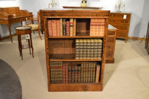 A Burr Walnut & Tulipwood Victorian Period Antique Open Bookcase.