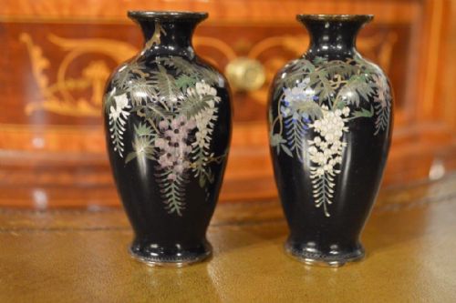 A Fine Miniature Pair of Japanese Meiji Period Cloisonné Vases