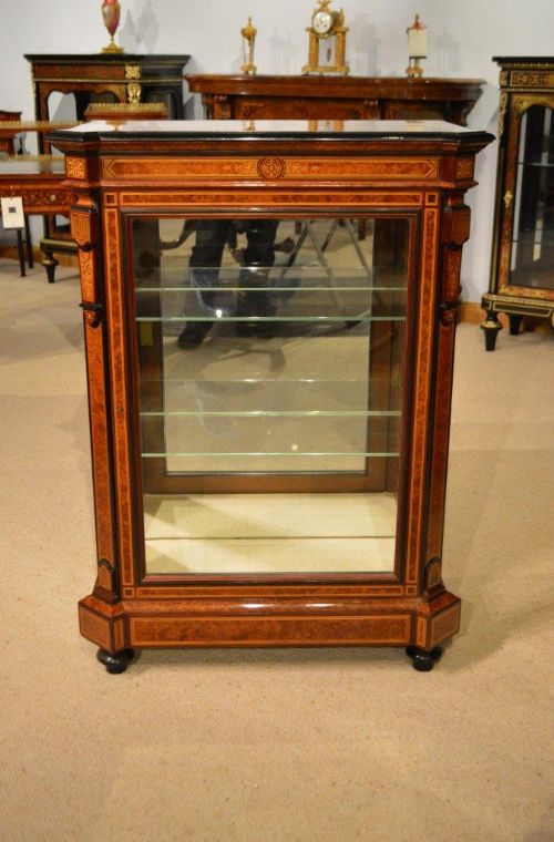 An Exhibition Quality Thuya, Purple Heart and Palm Wood Victorian Period Inlaid Antique Pier Cabinet.