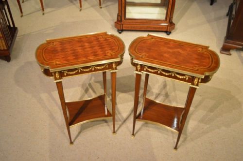 A Fine Quality Pair of French Mahogany, Kingwood and Parquetry Inlaid Late 19th Century Antique Side Tables.