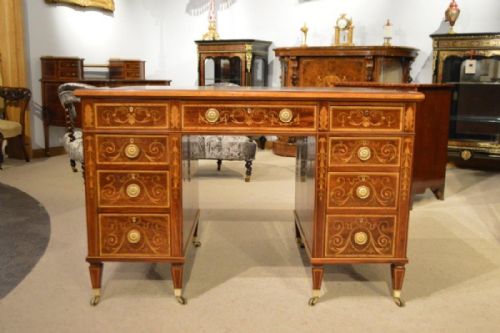 A Fine Quality Marquetry and Pen-work Inlaid Sheraton Revival Antique Writing Desk by Edwards & Roberts of London