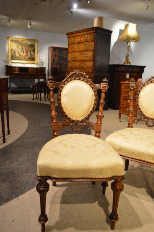 fig 1. A stunning quality set of 4 Victorian Period walnut antique dining chairs.