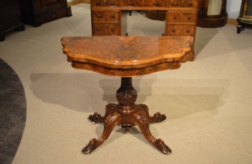 A Burr Walnut Victorian Period Antique Fold Over Card Table.