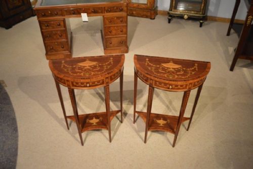 A Superb & Rare Pair of Mahogany Inlaid Edwardian Period Antique Demi Lune Tables by Edwards & Roberts of London.