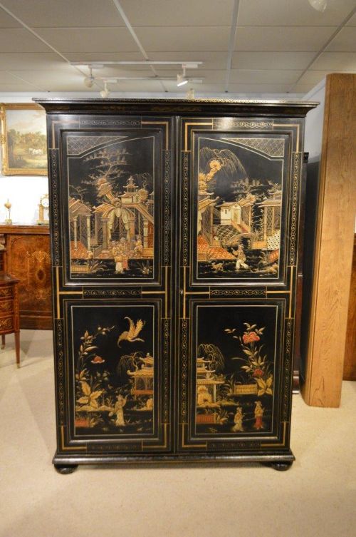 A Fine Quality Chinoiserie Lacquered Edwardian Period Two Door Wardrobe