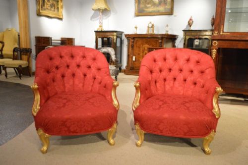 A Fabulous Pair of Carved Gilt-wood Victorian Period Deep Buttoned Armchairs