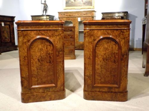 A Pair of Burr Walnut Victorian Period Antique Bedside Cabinets.