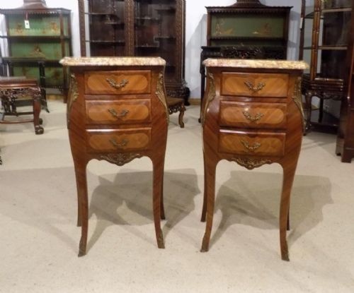 A Good Pair of  Kingwood & Ormolu Mounted French Marble Top Bedside Cabinets