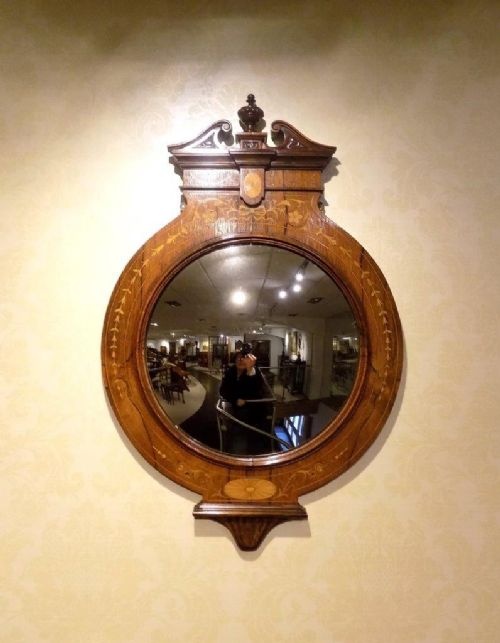 A Rosewood and Marquetry Inlaid Edwardian Period Convex Wall Mirror
