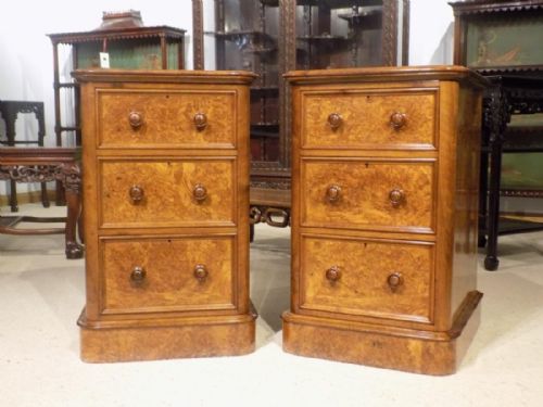 An Exceptional Pair of Burr Walnut Victorian Period Antique Bedside Chests.
