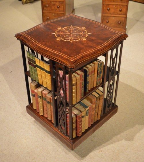 A Beautiful Mahogany and Marquetry Inlaid Edwardian Period Antique Revolving Bookcase.