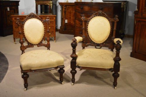 Stunning Quality Carved Walnut Victorian Period Ladies and Gents Chairs.