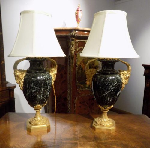 A Fine Pair of Late 19th Century  Green Marble and Ormolu Mounted Louis Xvi Style Antique Table Lamps
