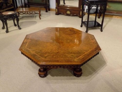 A Large Burr Walnut Victorian Period Octagonal Antique Coffee Table.