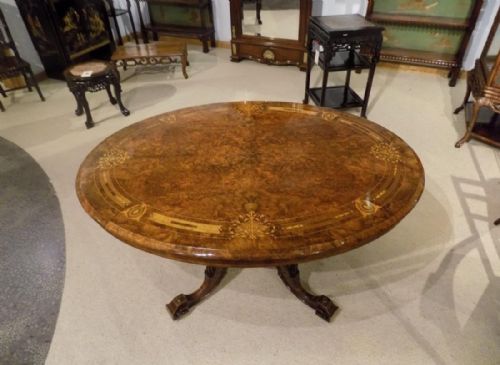 A Beautiful Burr Walnut and Marquetry Inlaid Victorian Period Antique Loo Table
