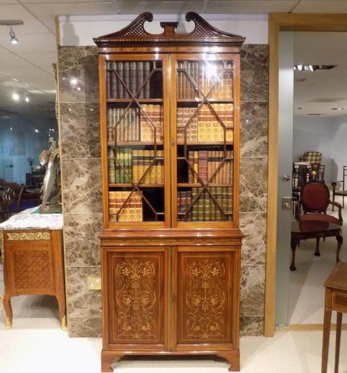 A Fine Quality Marquetry Inlaid Edwardian Period Bookcase by Edwards & Roberts