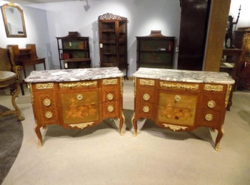 A Magnificent Pair of Louis Xvi Transitional Style 19th Century French Marble Topped Commodes After the Original Model by J.h. Riesener