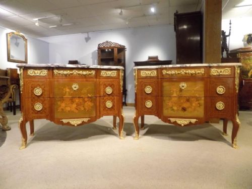 fig 1. A magnificent pair of Louis XVI transitional style 19th Century French marble topped commodes after the original model by J.H. Riesener