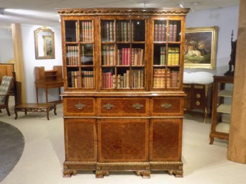 A Beautiful George I Style Walnut, Burr Walnut, Parcel Gilt and Herring Bone Banded Antique Secretaire Bookcase