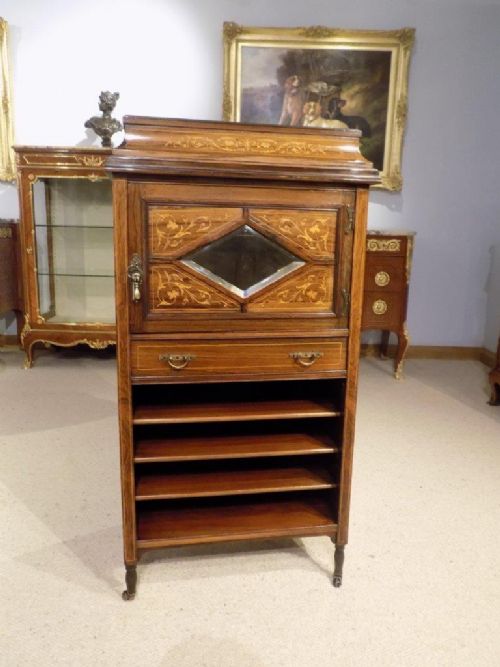 A Beautiful Rosewood and Marquetry Inlaid Late Victorian Period Antique Music Cabinet