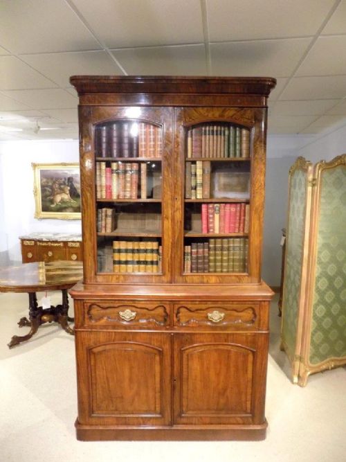 A Beautiful Walnut Victorian Period Two Door Antique Bookcase.
