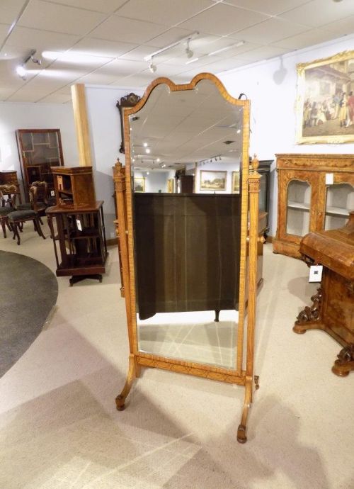 A Fine Quality Edwardian Period Sheraton Revival Satinwood Antique Cheval Mirror.