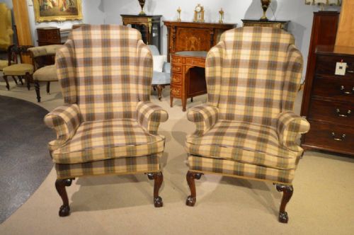 A Fine Pair of George III Style Wing Armchairs Upholstered in Moon Wool Fabric