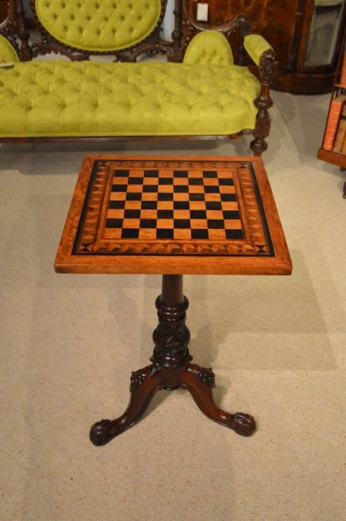 A Beautiful Satinwood, Mahogany and Parquetry Inlaid Early Victorian Period Antique Chess Table