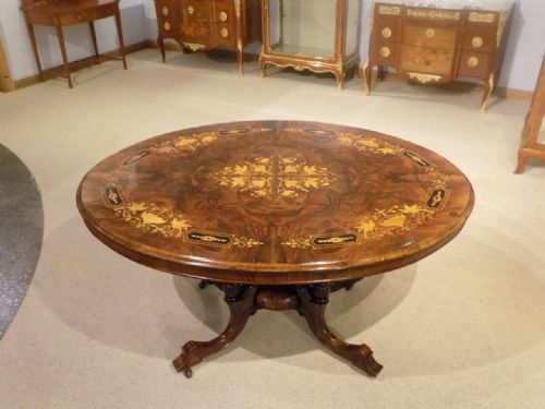 A Burr Walnut & Marquetry Inlaid Victorian Period Antique Loo/dining Table