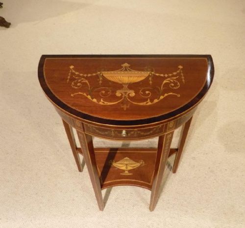 A Beautiful Mahogany Inlaid Edwardian Period Demi Lune Table by Edwards & Roberts of London