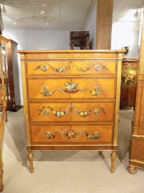 A Superb Sheraton Revival Satinwood Painted Chest of Drawers