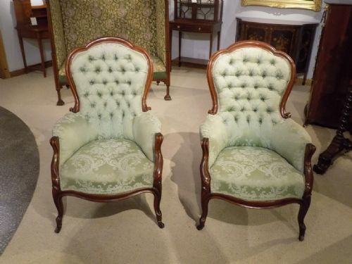 A Good Pair of Mahogany Victorian Period Antique Armchairs.