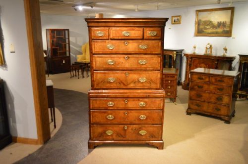 A Walnut George I Period Antique Chest on Chest with Brushing Slide.